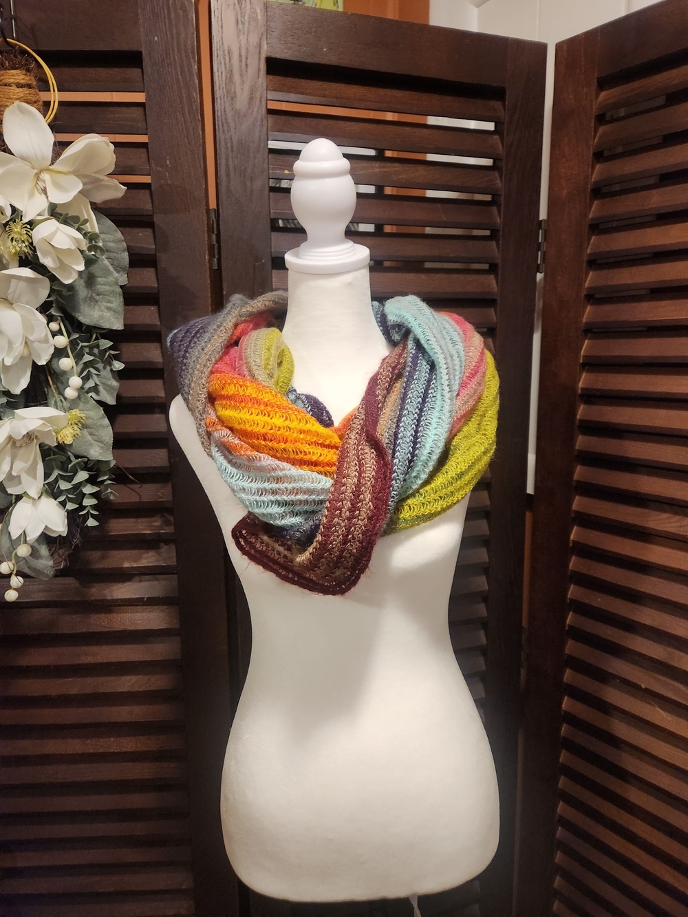 Echo Multicolor Knit Infinity Scarf in Teal, Yellow, Orange, Burgundy